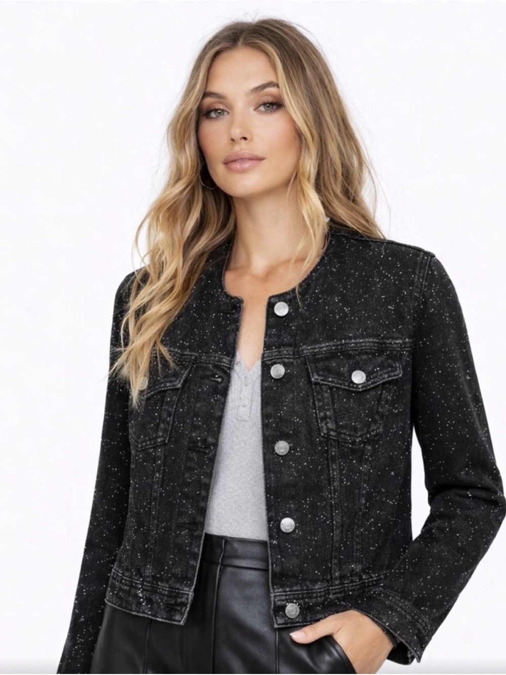 Zara Black Speckled Denim Jean Jacket